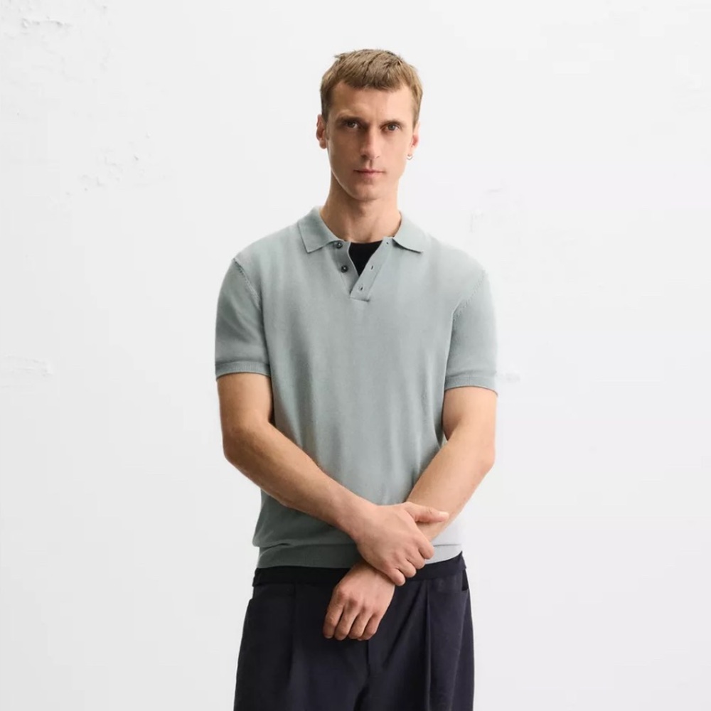Zara VISCOSE blend knit polo tee. Blue. Men’s Large